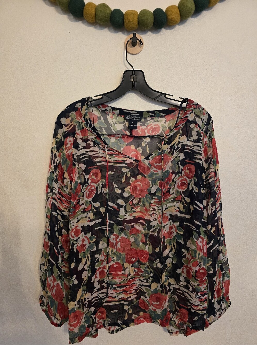 Lucky Brand Floral Sheer Tie-Neck Long Sleeve Tunic Size M V-neck Rose Black